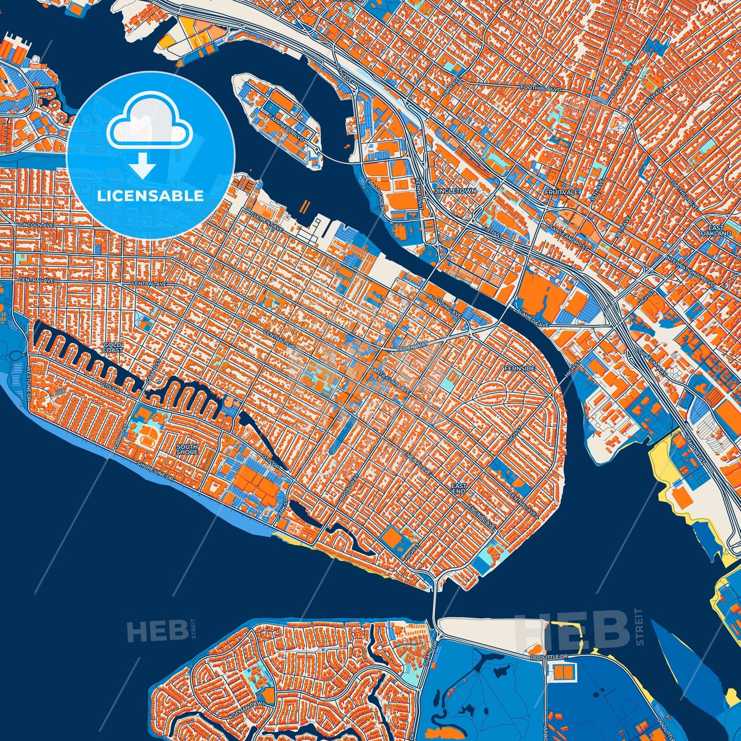 Colorful Alameda Street Map with Labels and Buildings