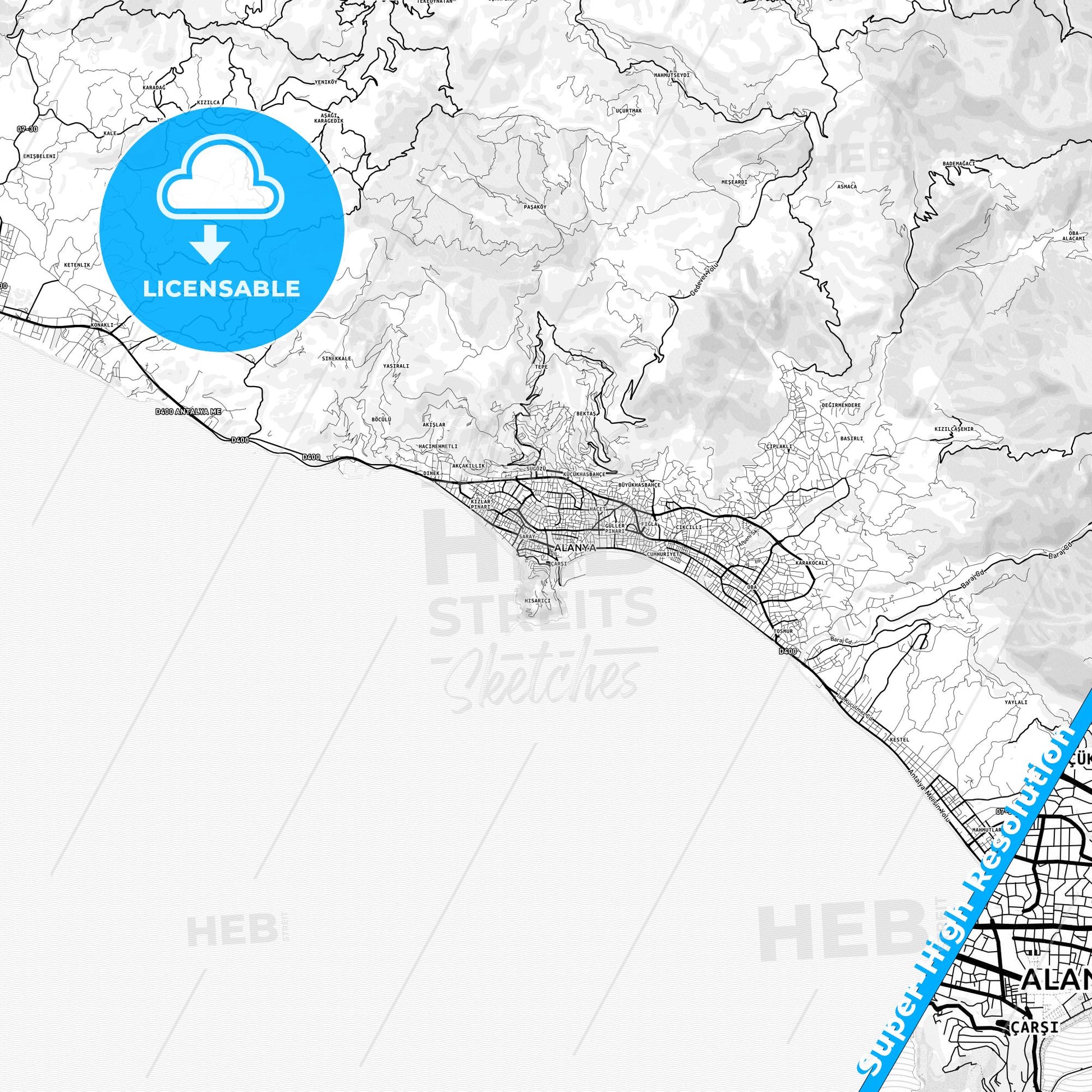 Alanya, Turkey light map with streetnames, citynames and districts