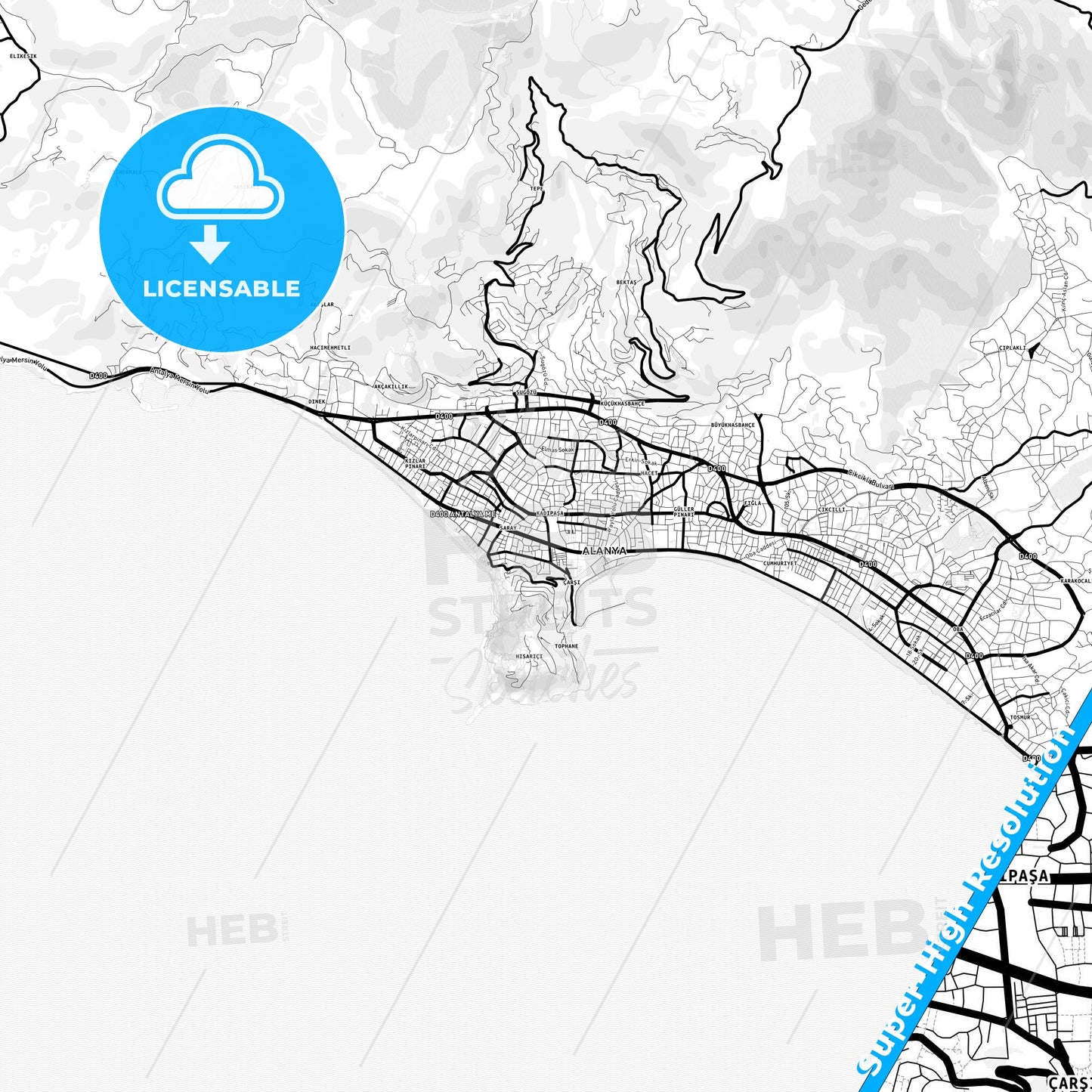 Alanya, Turkey Light Map with Street Names, City Names, and Districts