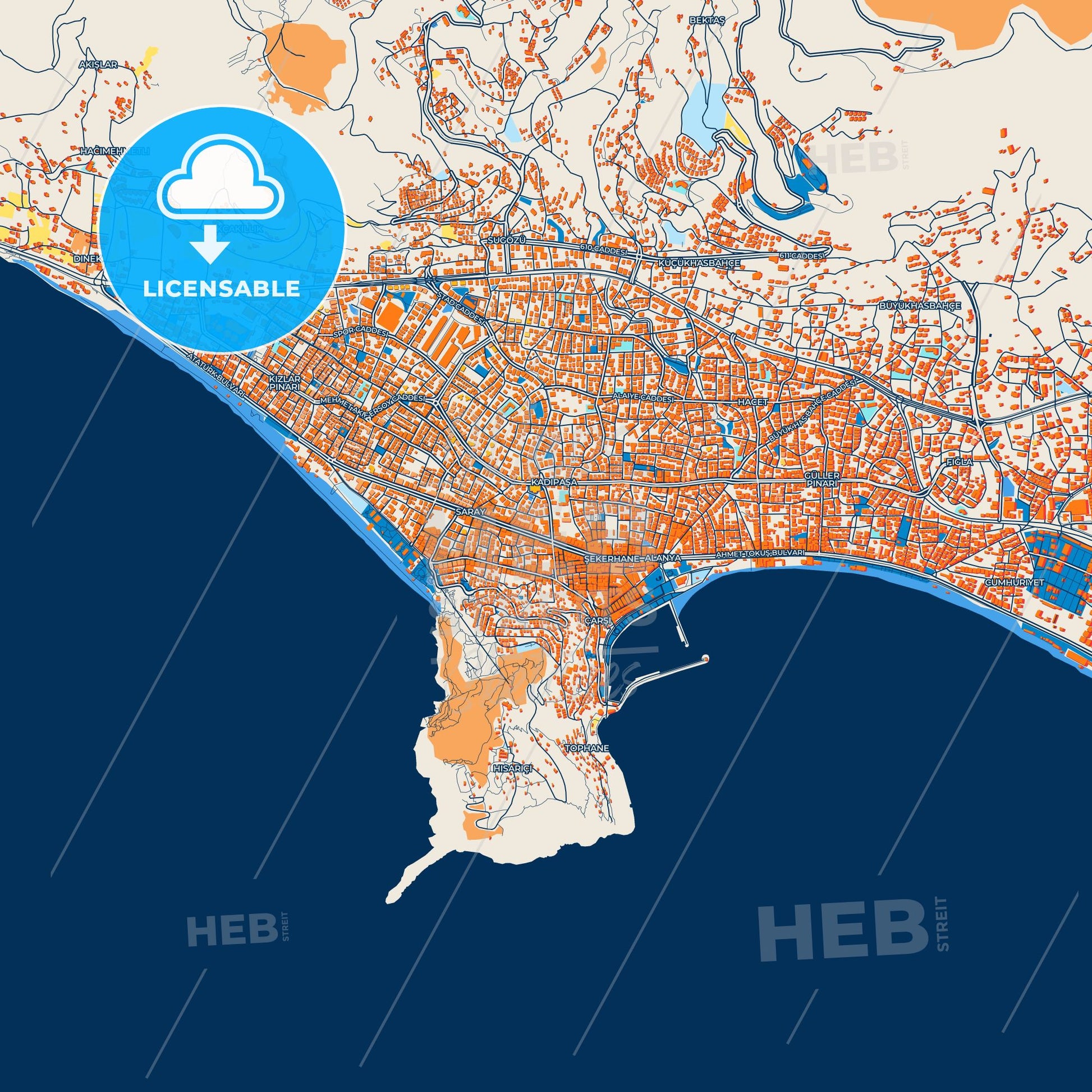 Colorful Alanya Street Map with Labels and Buildings