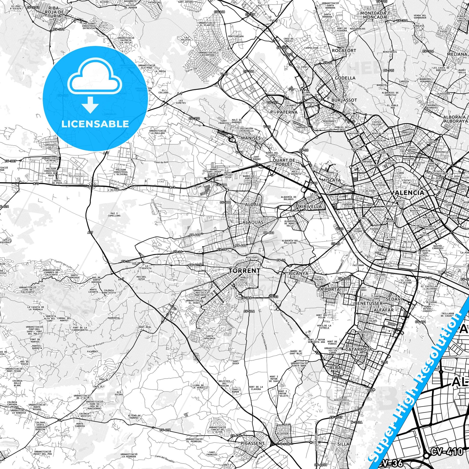 Alaquàs, Spain light map with streetnames, citynames and districts