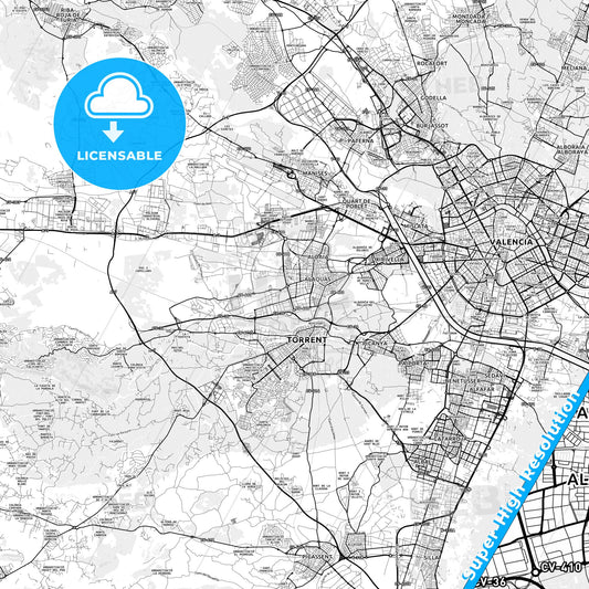 Alaquàs, Spain light map with streetnames, citynames and districts