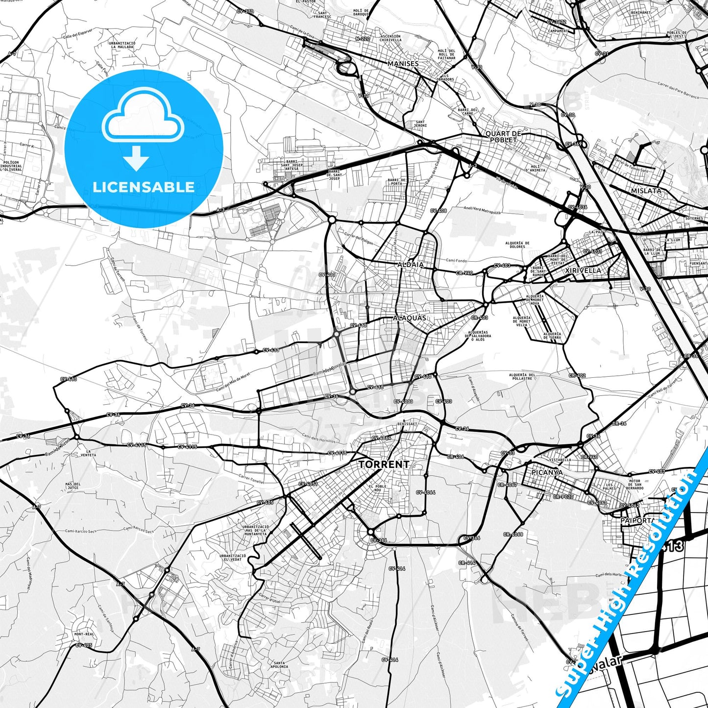 Alaquàs, Spain Light Map with Street Names, City Names, and Districts