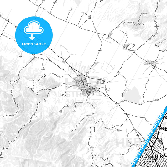 Alaşehir, Turkey light map with streetnames, citynames and districts