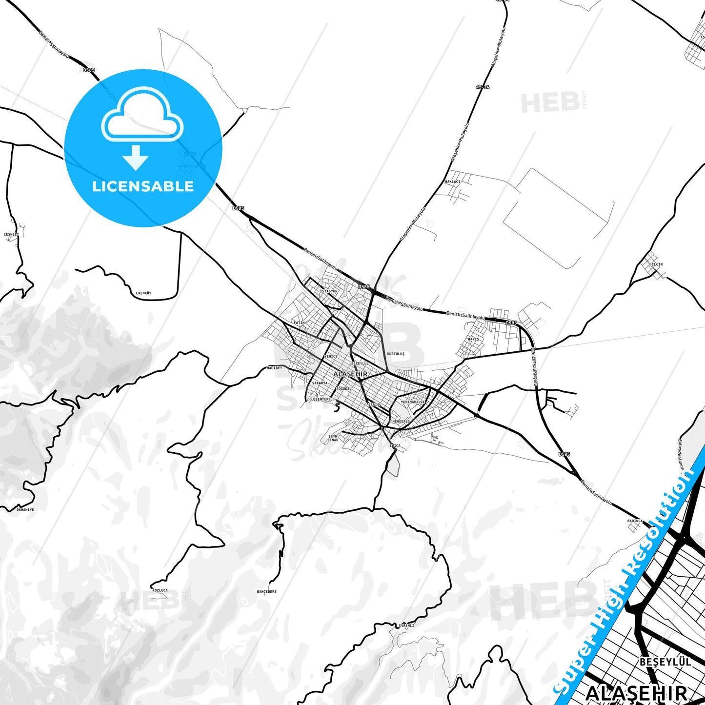 Alaşehir, Turkey Light Map with Street Names, City Names, and Districts