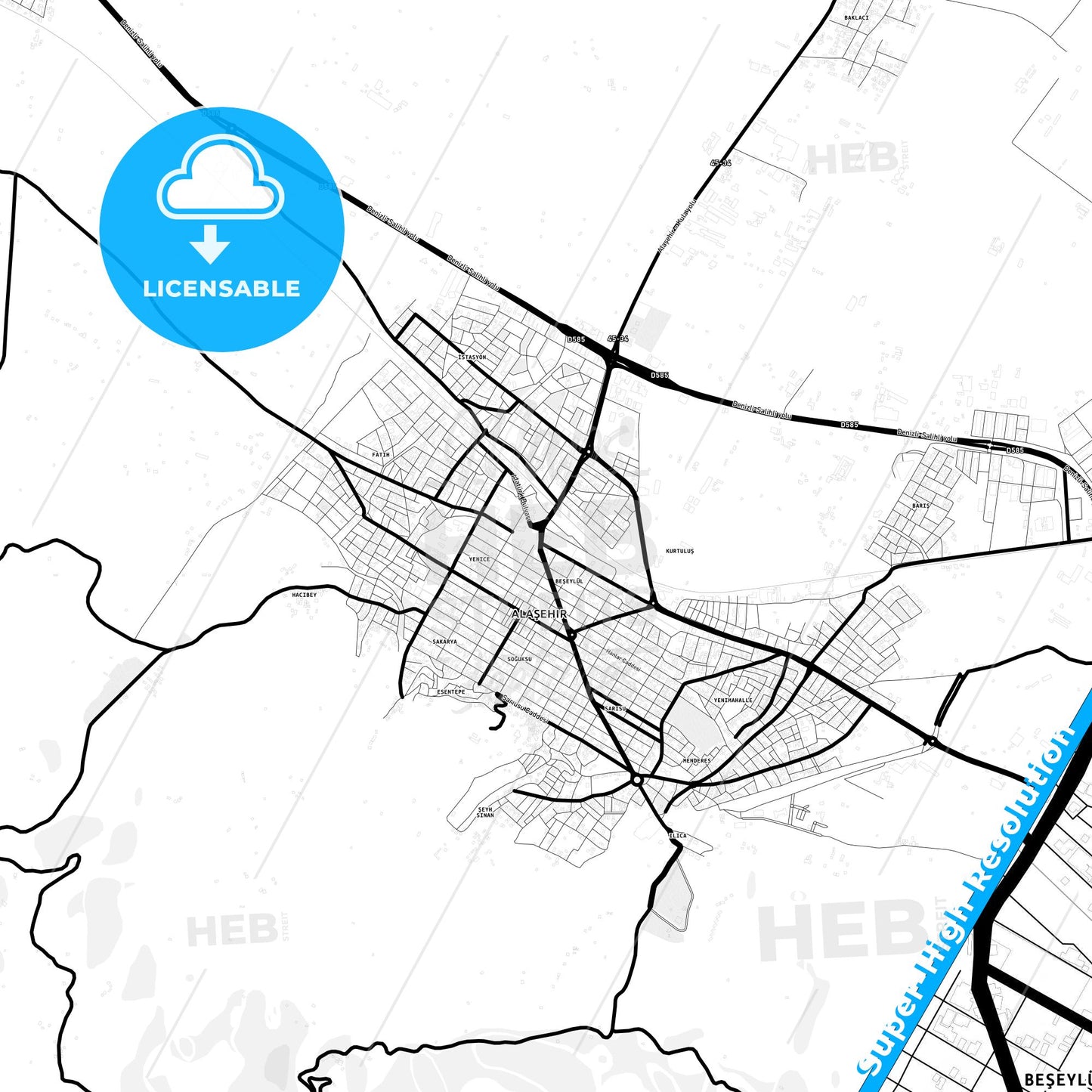 Alaşehir, Turkey Light Map with Street Names, City Names, and Districts