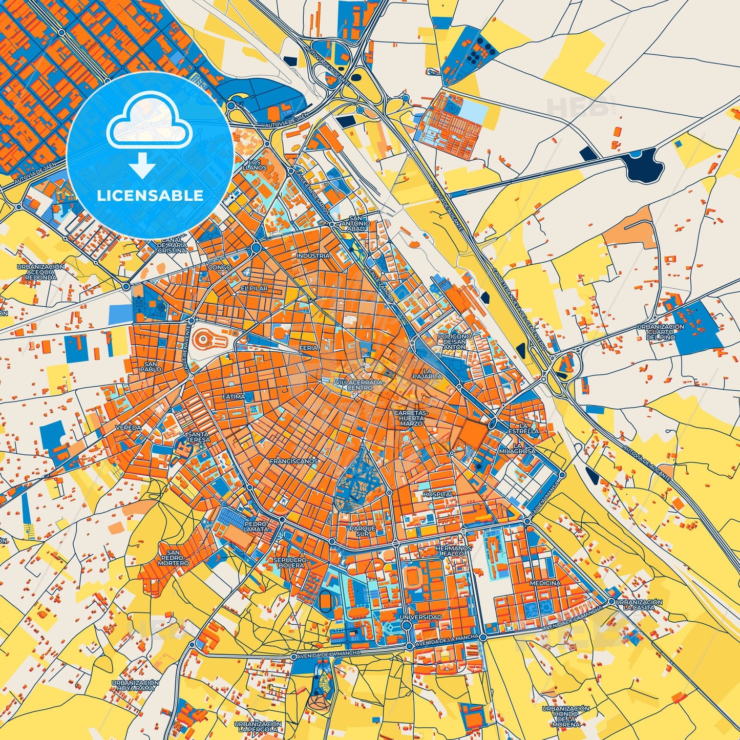 Colorful Albacete Street Map with Labels and Buildings