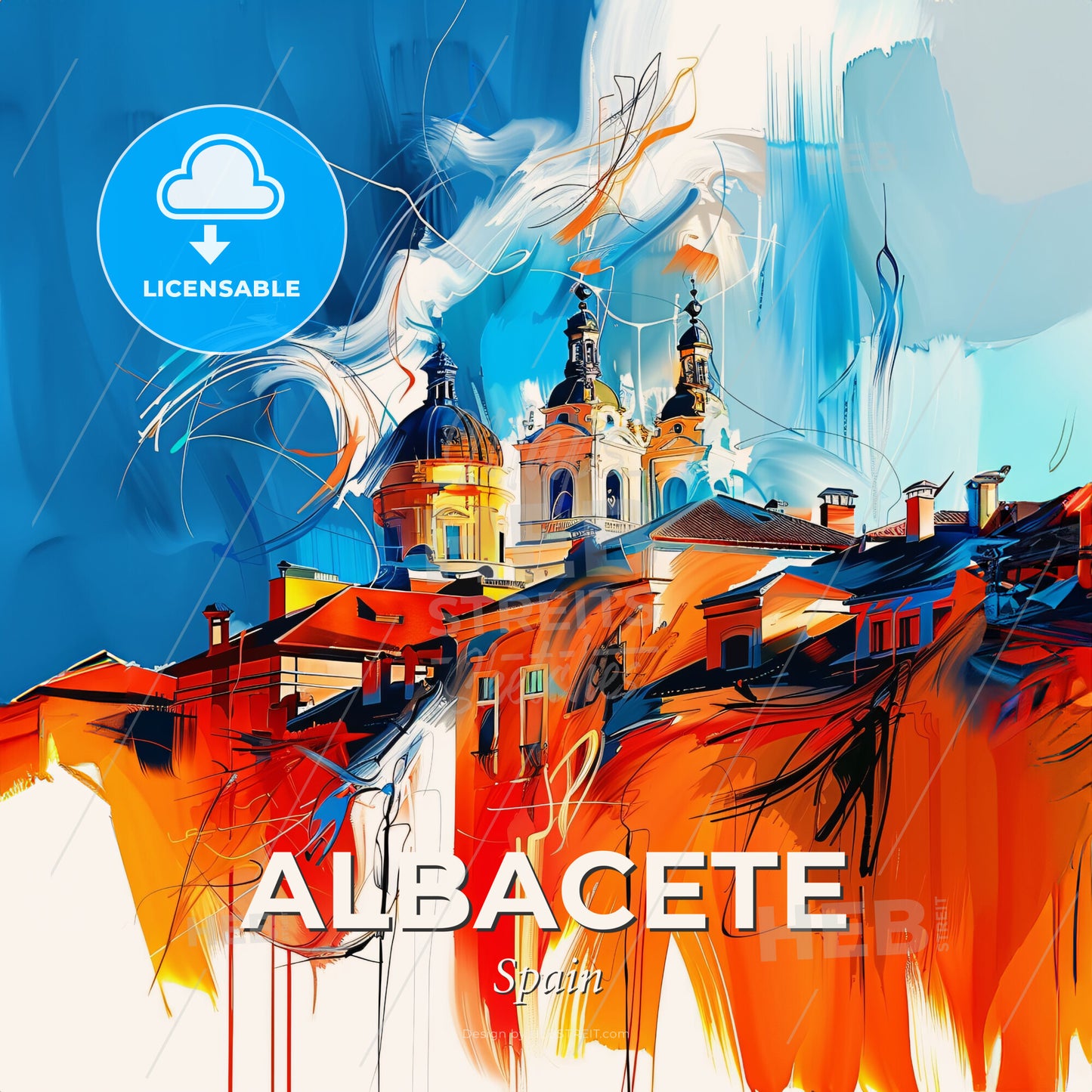 Vibrant Albacete, Spain - A Painting Of A Building With A Blue Sky - Square format print template