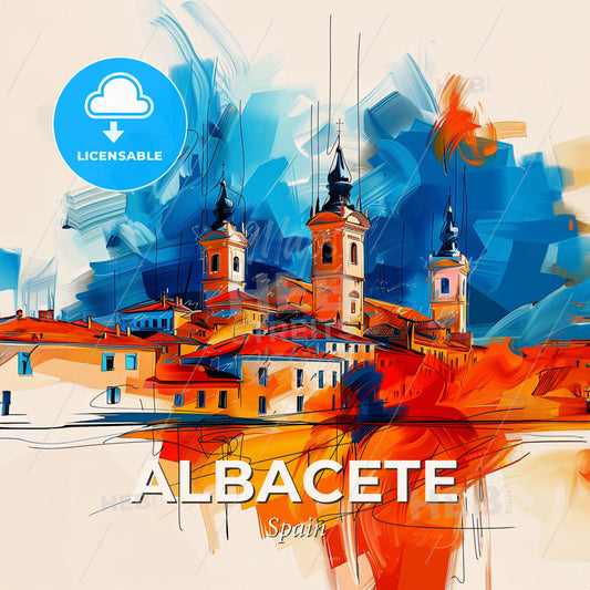 Vibrant Albacete, Spain - A Painting Of A Town With Towers - Square format print template