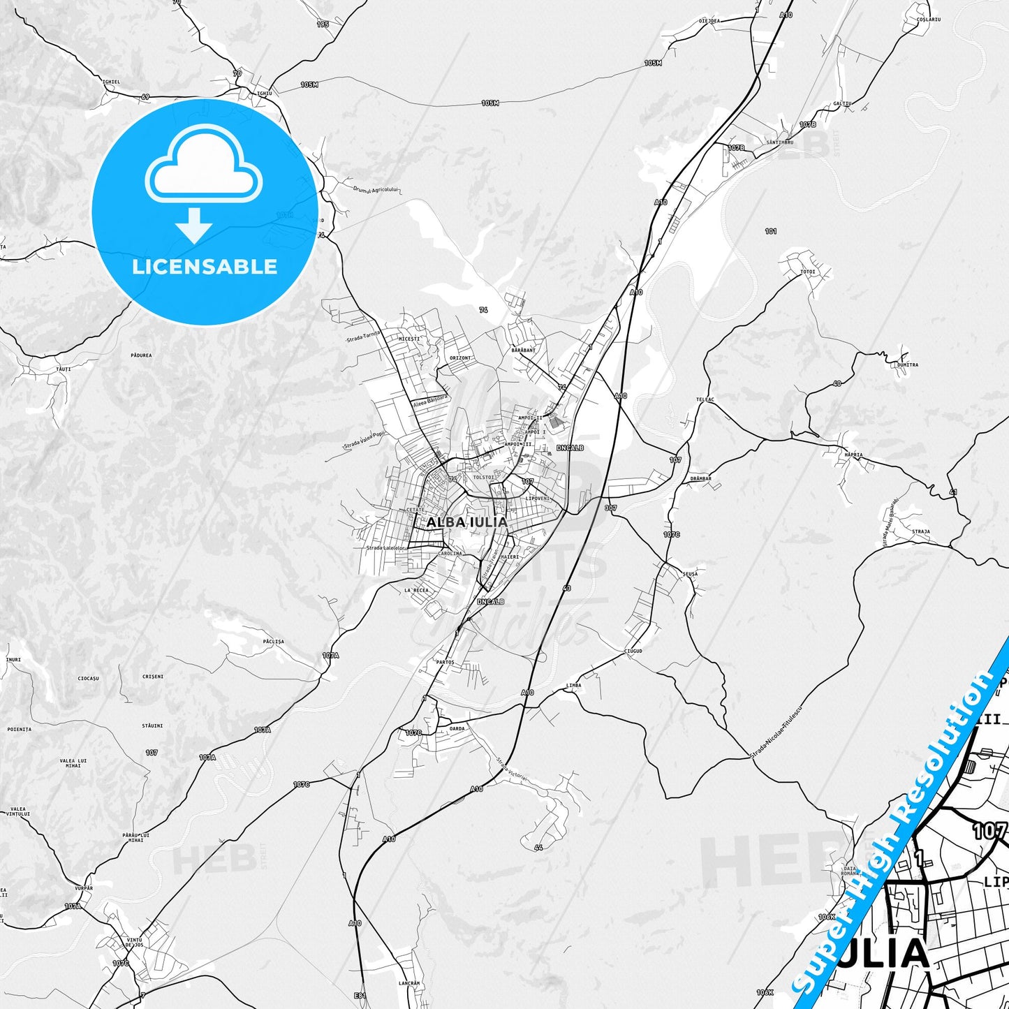 Alba Iulia, Romania light map with streetnames, citynames and districts