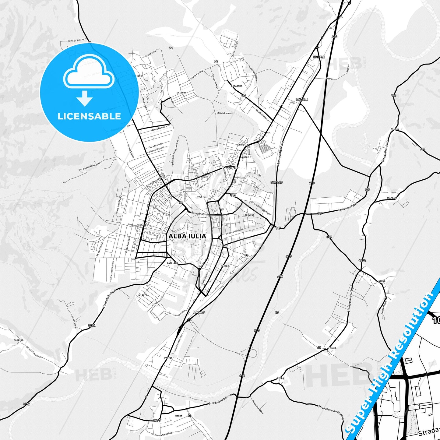 Alba Iulia, Romania Light Map with Street Names, City Names, and Districts