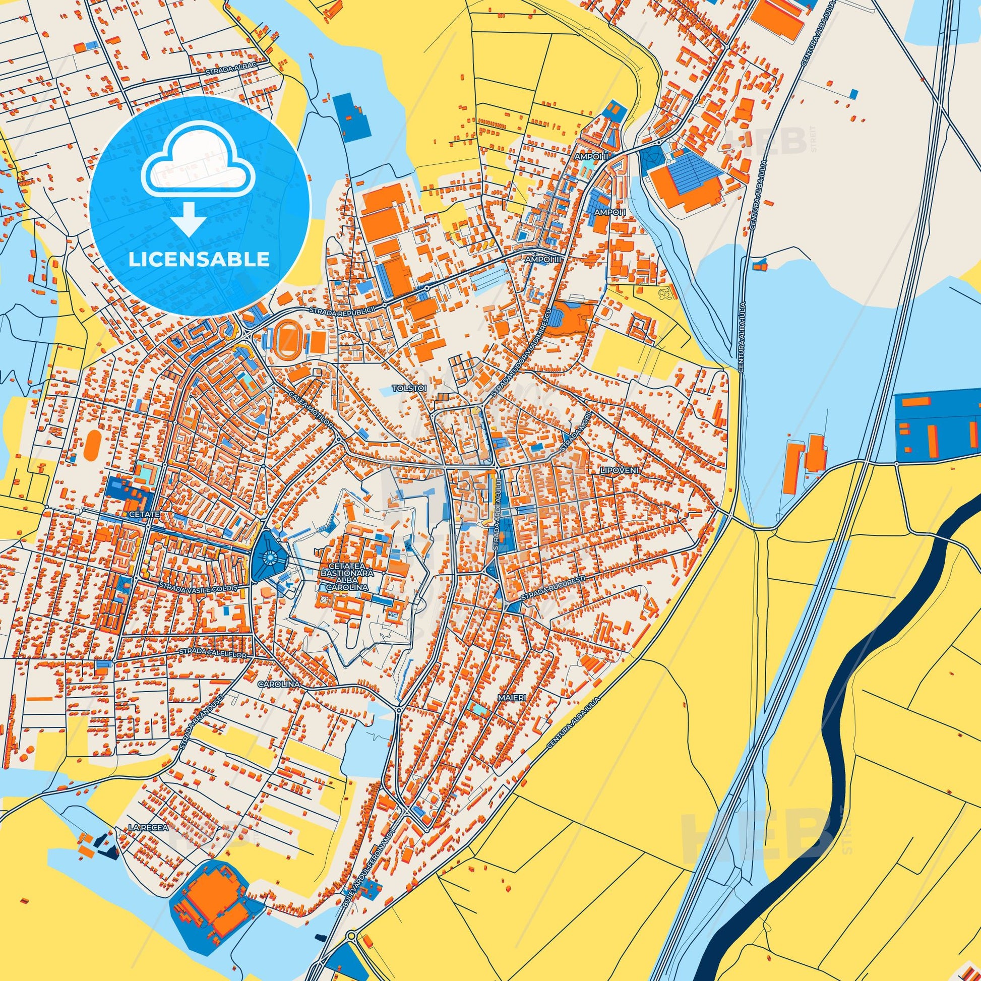 Colorful Alba Iulia Street Map with Labels and Buildings