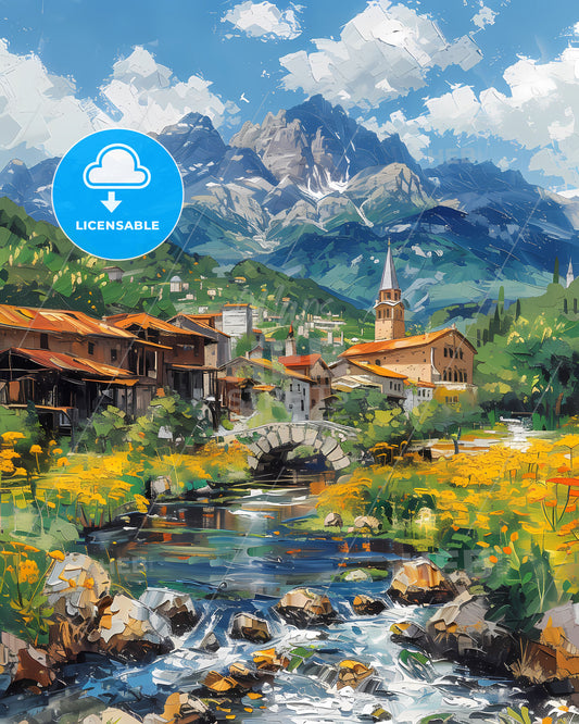Pristine Albanian Town with Flowing River and Majestic Mountain Backdrop: A Stunning Artistic Masterpiece