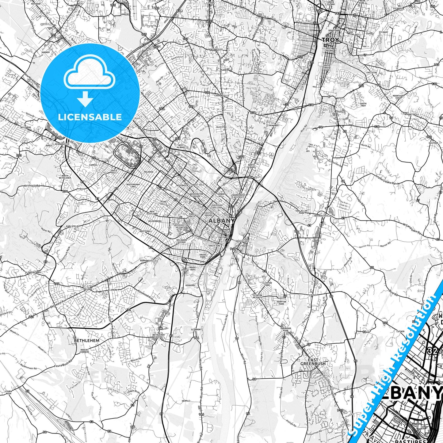 Albany, New York light map with streetnames, citynames and districts