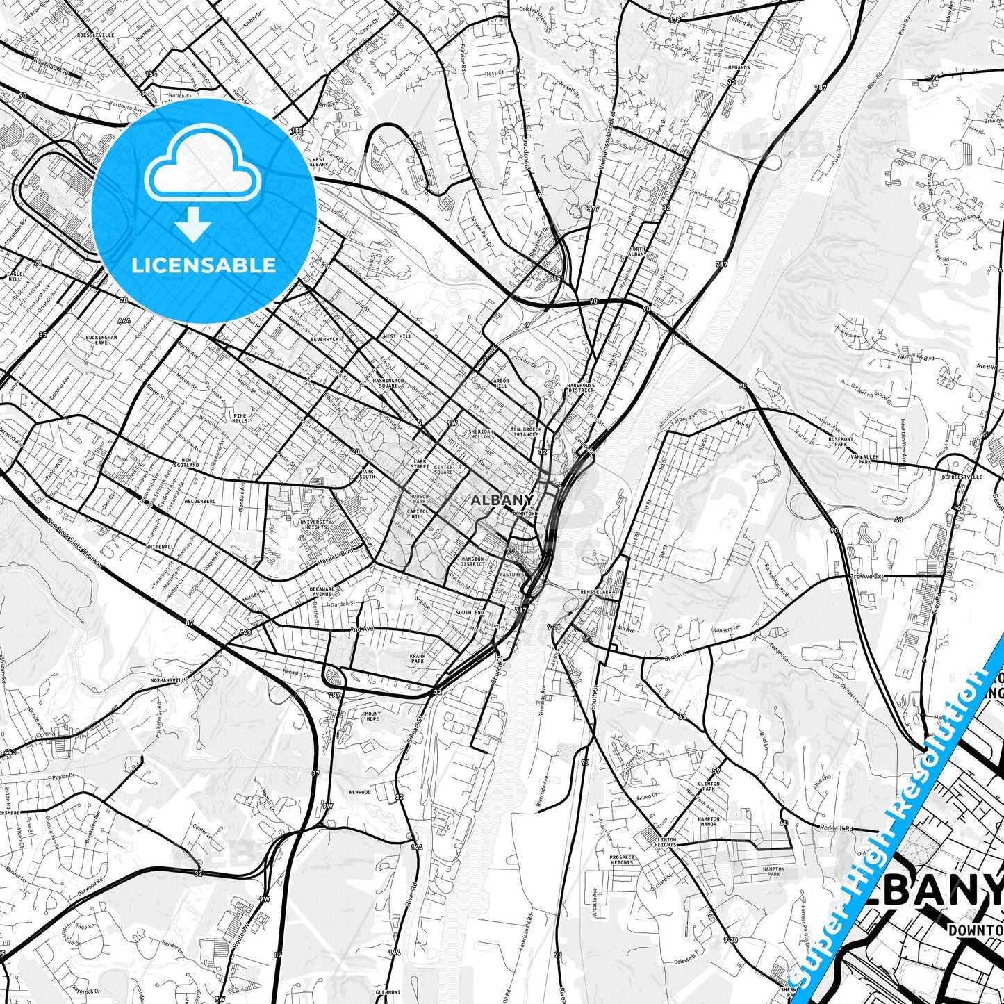 Albany, New York Light Map with Street Names, City Names, and Districts