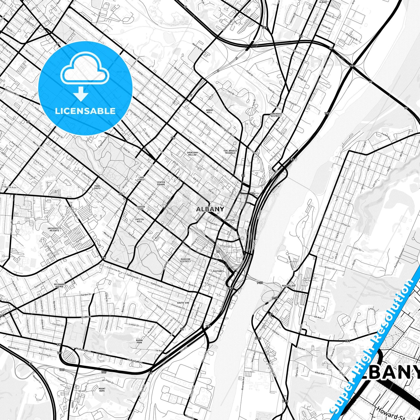 Albany, New York Light Map with Street Names, City Names, and Districts