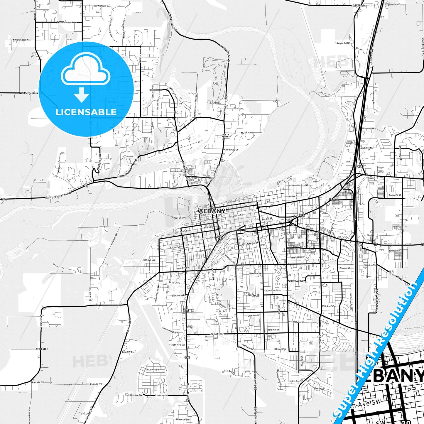 Albany, Oregon Light Map with Street Names, City Names, and Districts