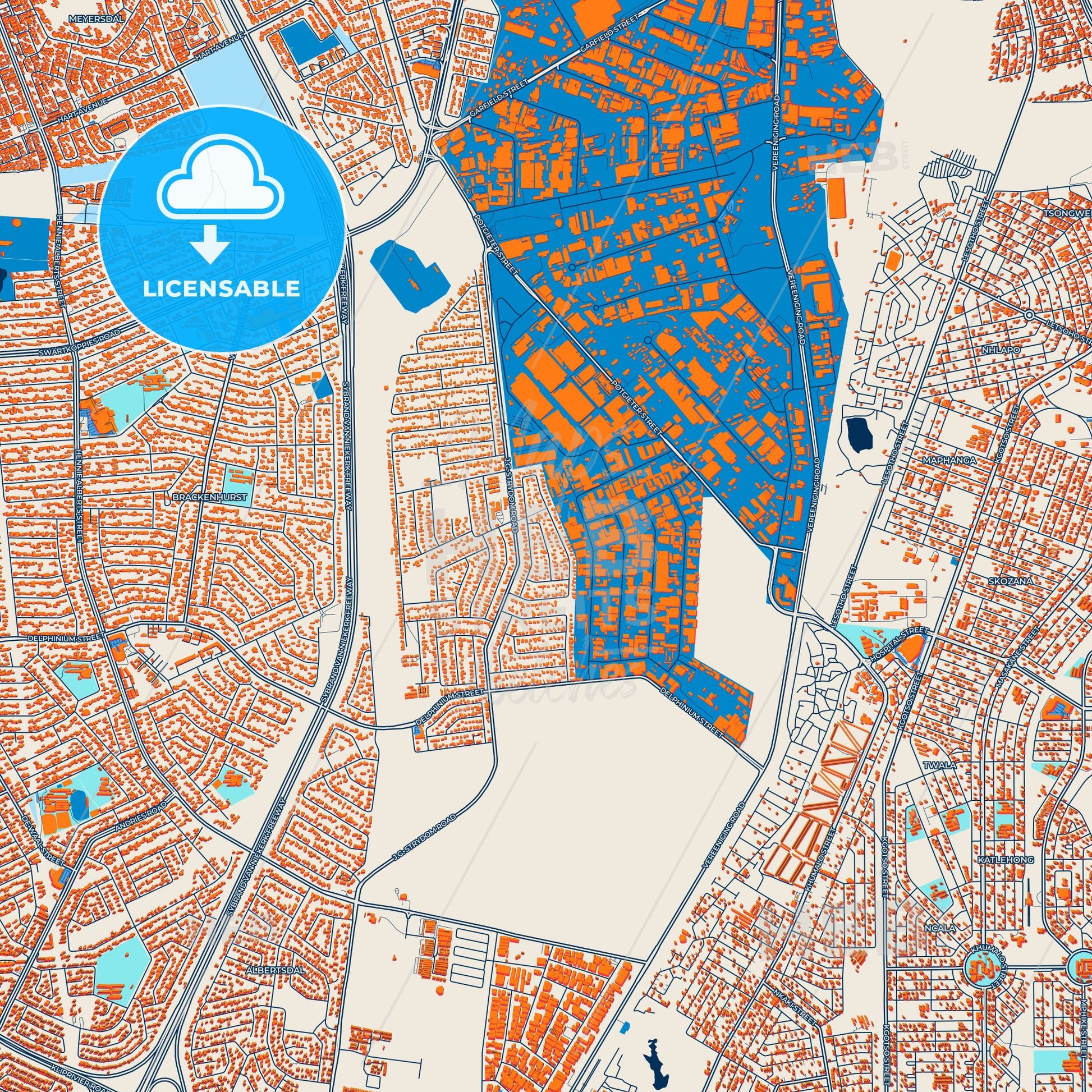 Colorful Alberton Street Map with Labels and Buildings
