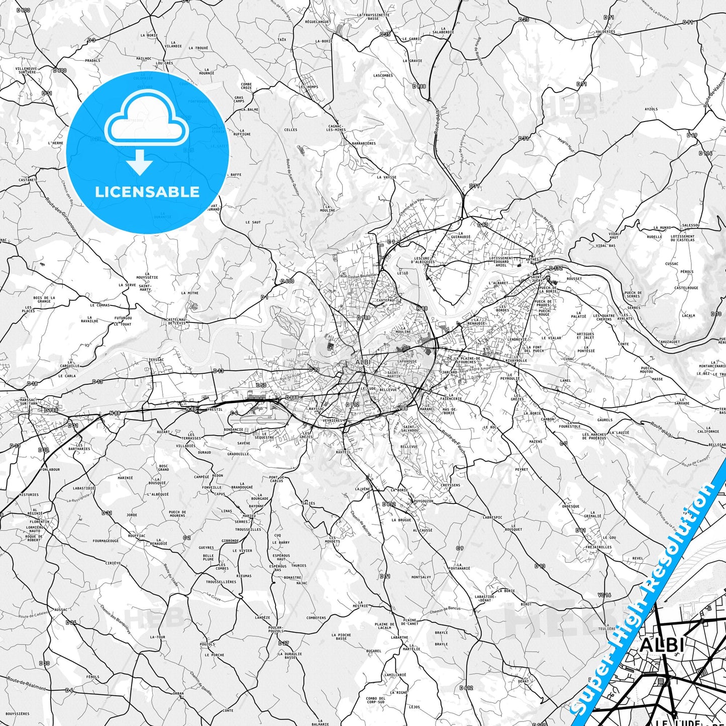 Albi, France light map with streetnames, citynames and districts