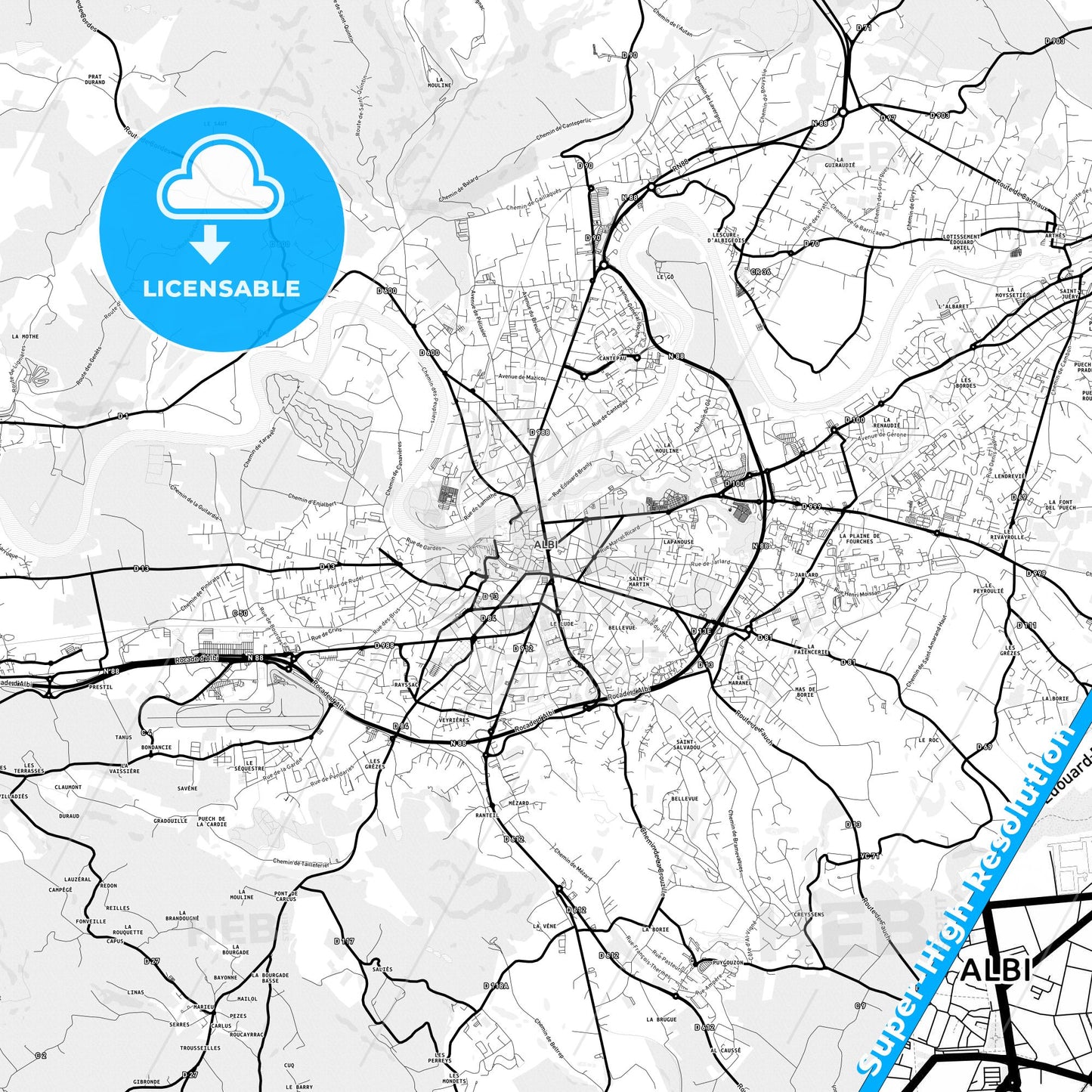 Albi, France Light Map with Street Names, City Names, and Districts