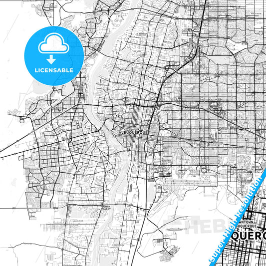 Albuquerque, New Mexico light map with streetnames, citynames and districts