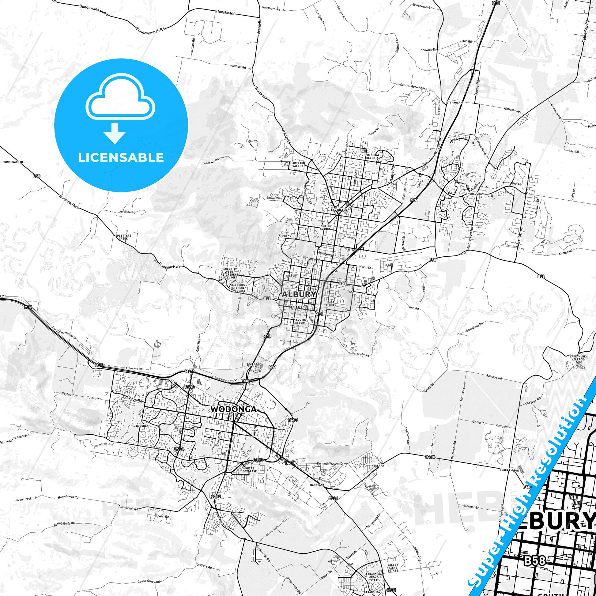 Albury–Wodonga, Australia light map with streetnames, citynames and districts
