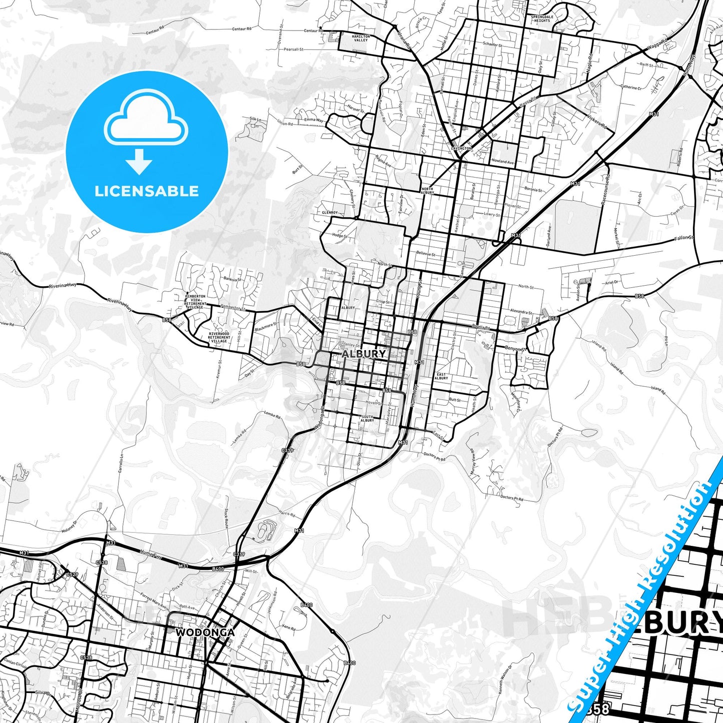 Albury–Wodonga, Australia Light Map with Street Names, City Names, and Districts