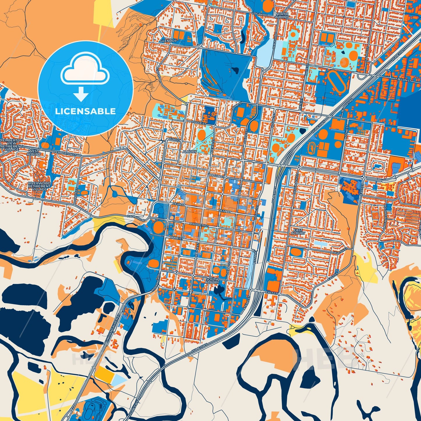 Colorful Albury–Wodonga Street Map with Labels and Buildings