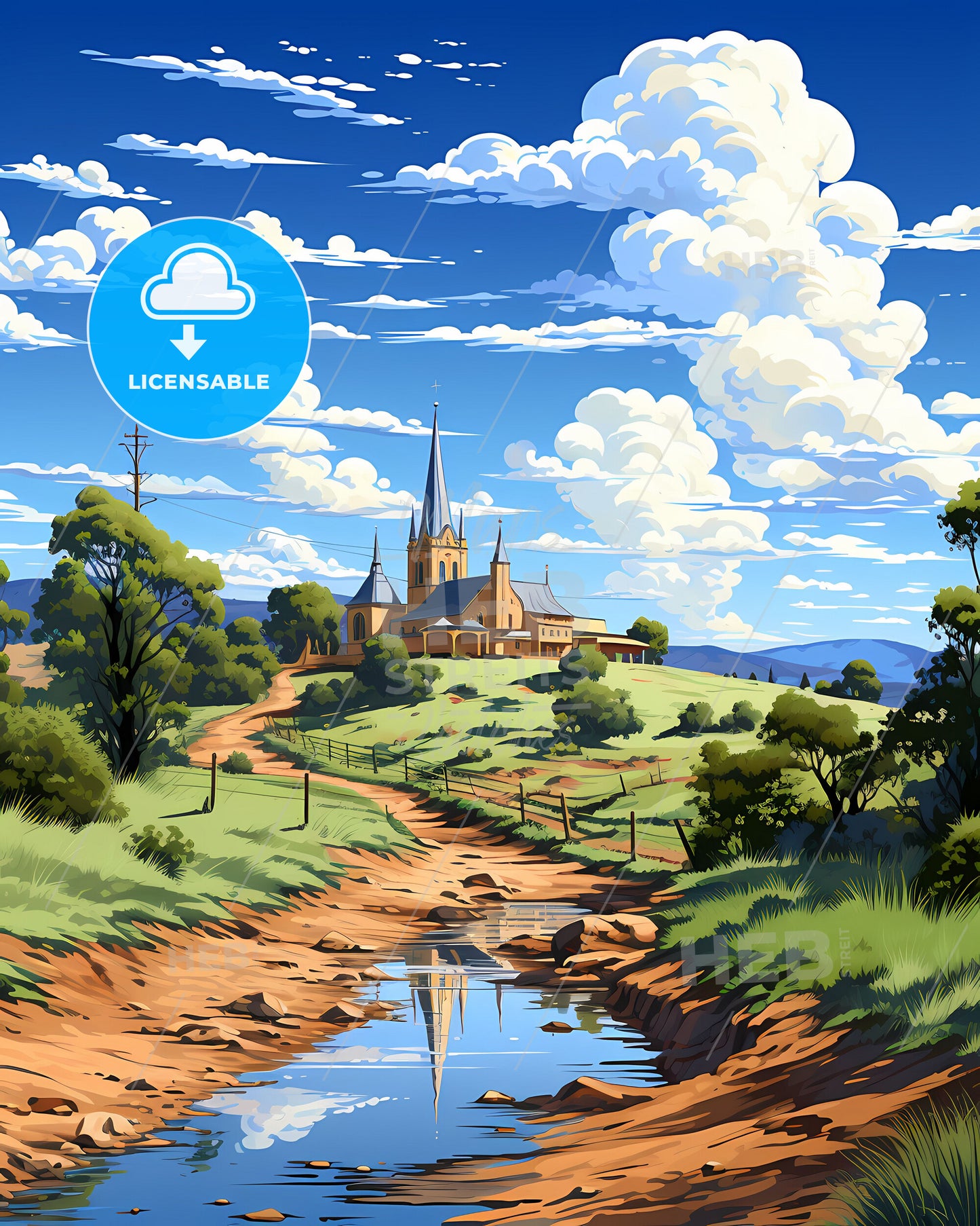 Albury-Wodonga Skyline Painting: Church and Stream Landscape with Artistic Flair