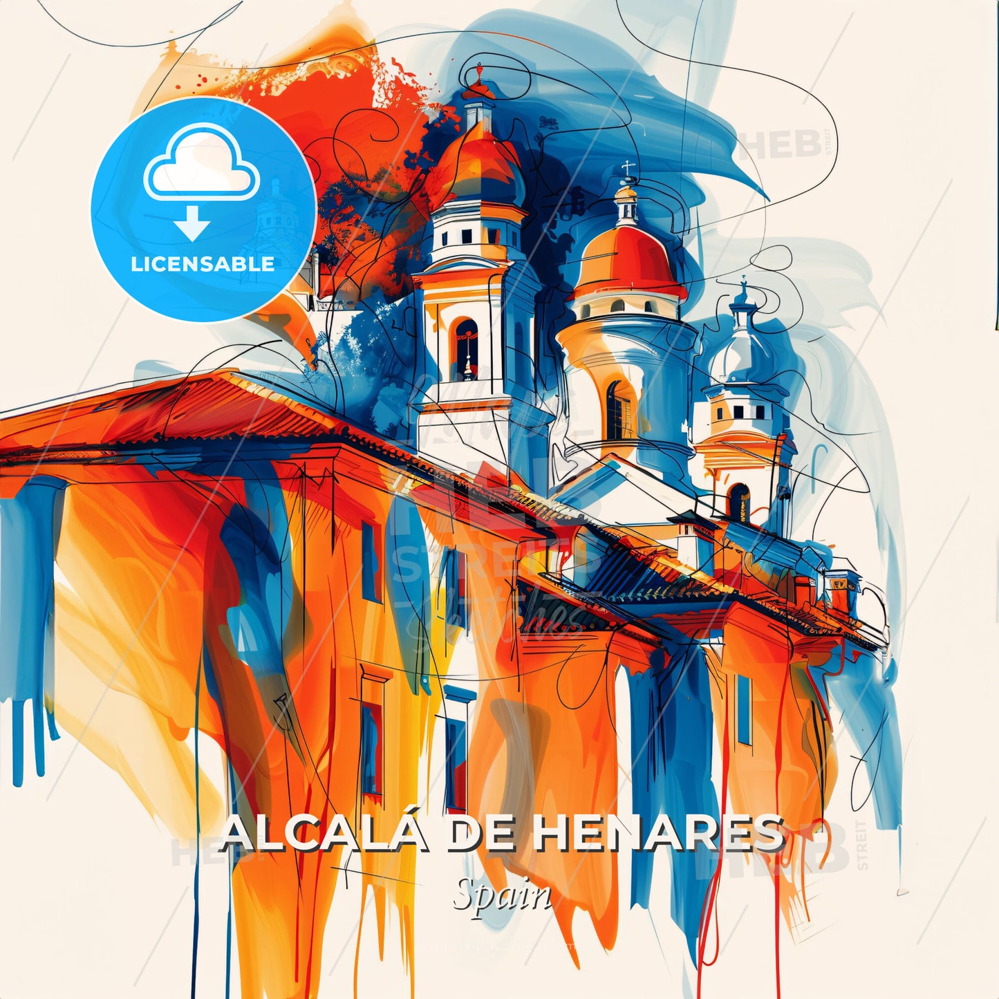 Vibrant Alcalá De Henares, Spain - A Painting Of A Building With Towers And A Roof - Square format print template