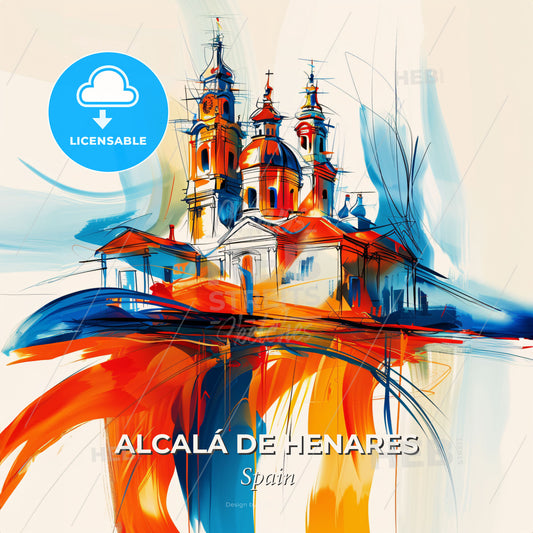 Vibrant Alcalá De Henares, Spain - A Painting Of A Building With Towers And A Red And Blue Paint - Square format print template