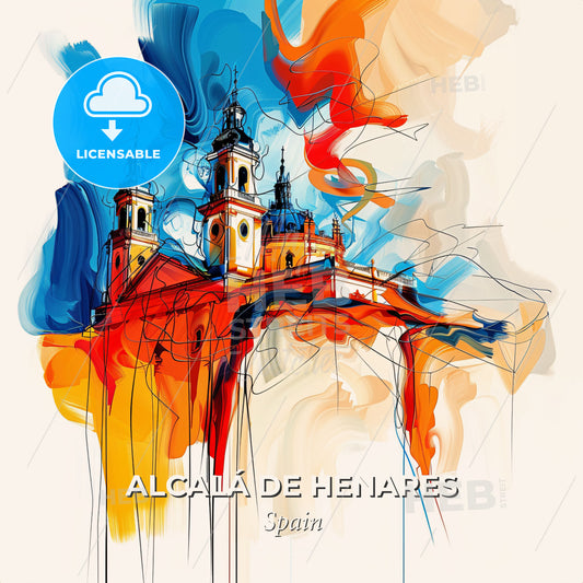 Vibrant Alcalá De Henares, Spain - A Painting Of A Building With Towers And A Colorful Background - Square format print template
