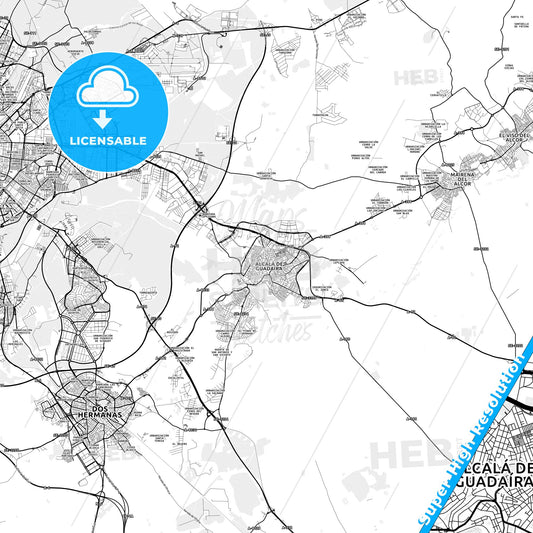 Alcalá de Guadaira, Spain light map with streetnames, citynames and districts