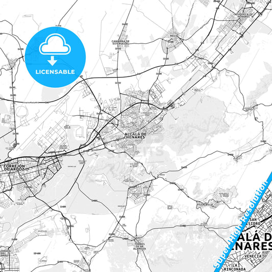 Alcalá de Henares, Spain light map with streetnames, citynames and districts