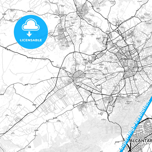 Alcantarilla, Spain light map with streetnames, citynames and districts