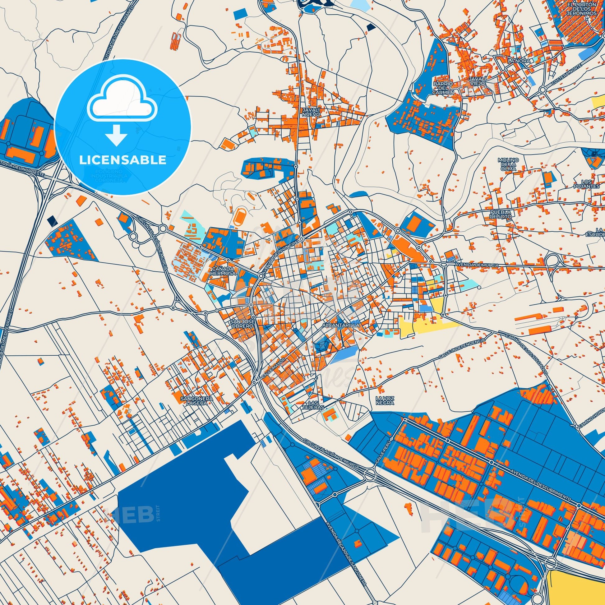Colorful Alcantarilla Street Map with Labels and Buildings