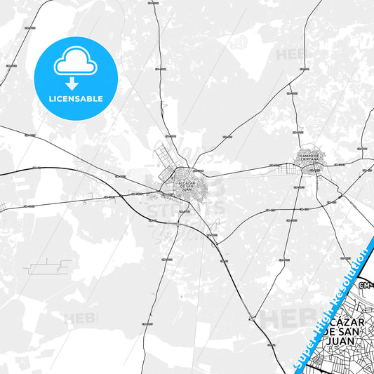 Alcázar de San Juan, Spain light map with streetnames, citynames and districts