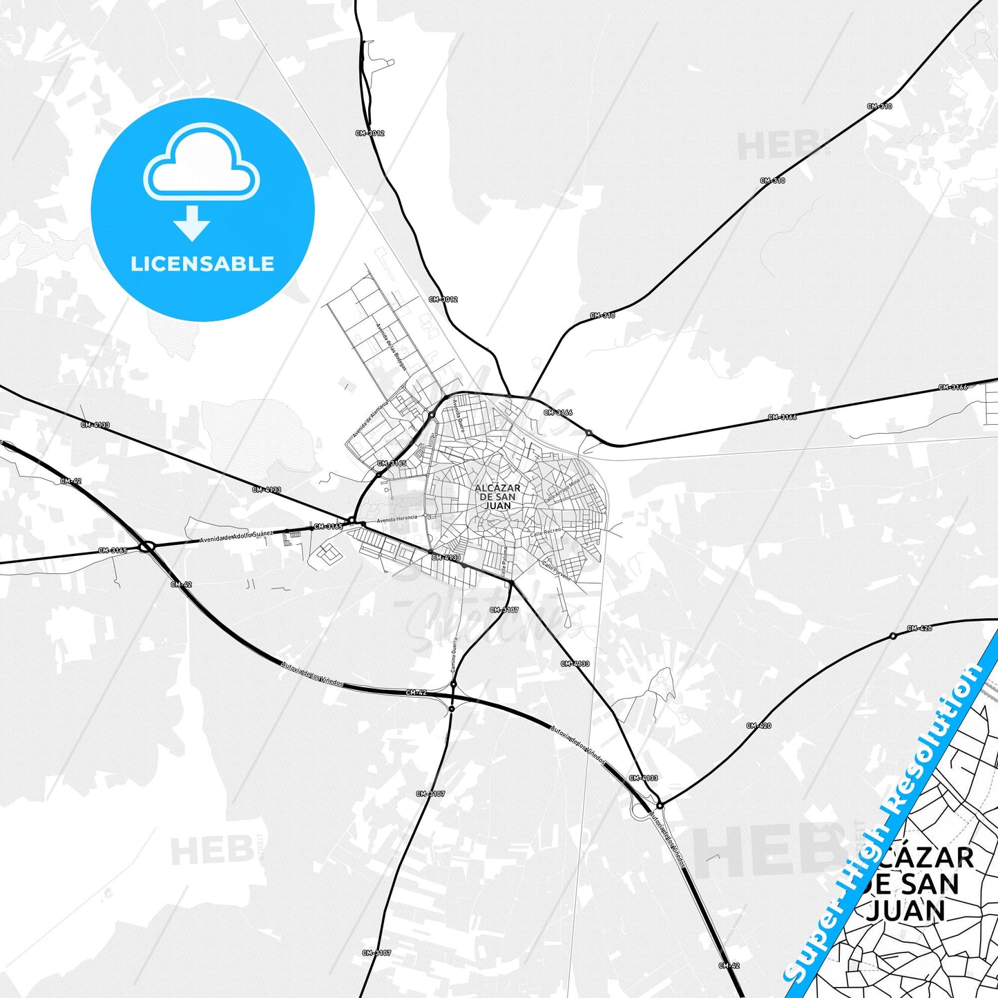 Alcázar de San Juan, Spain Light Map with Street Names, City Names, and Districts