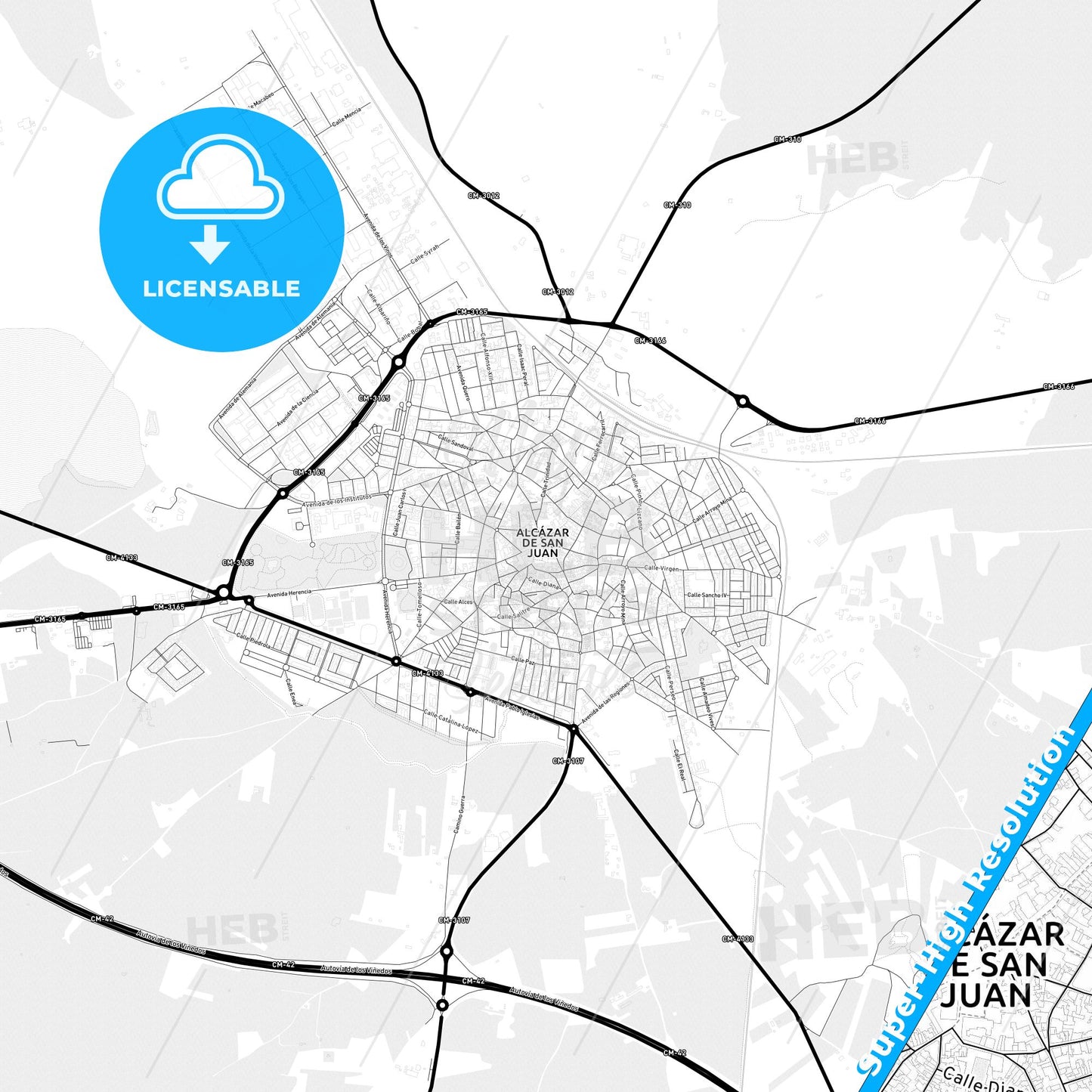 Alcázar de San Juan, Spain Light Map with Street Names, City Names, and Districts