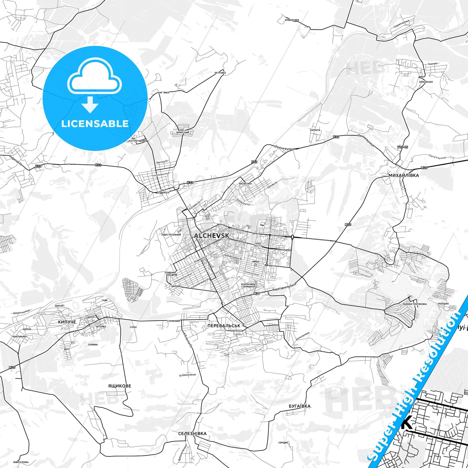 Alchevsk, Ukraine light map with streetnames, citynames and districts