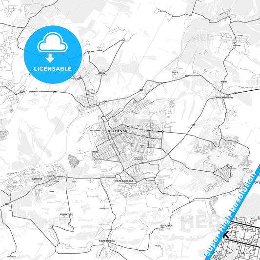 Alchevsk, Ukraine light map with streetnames, citynames and districts