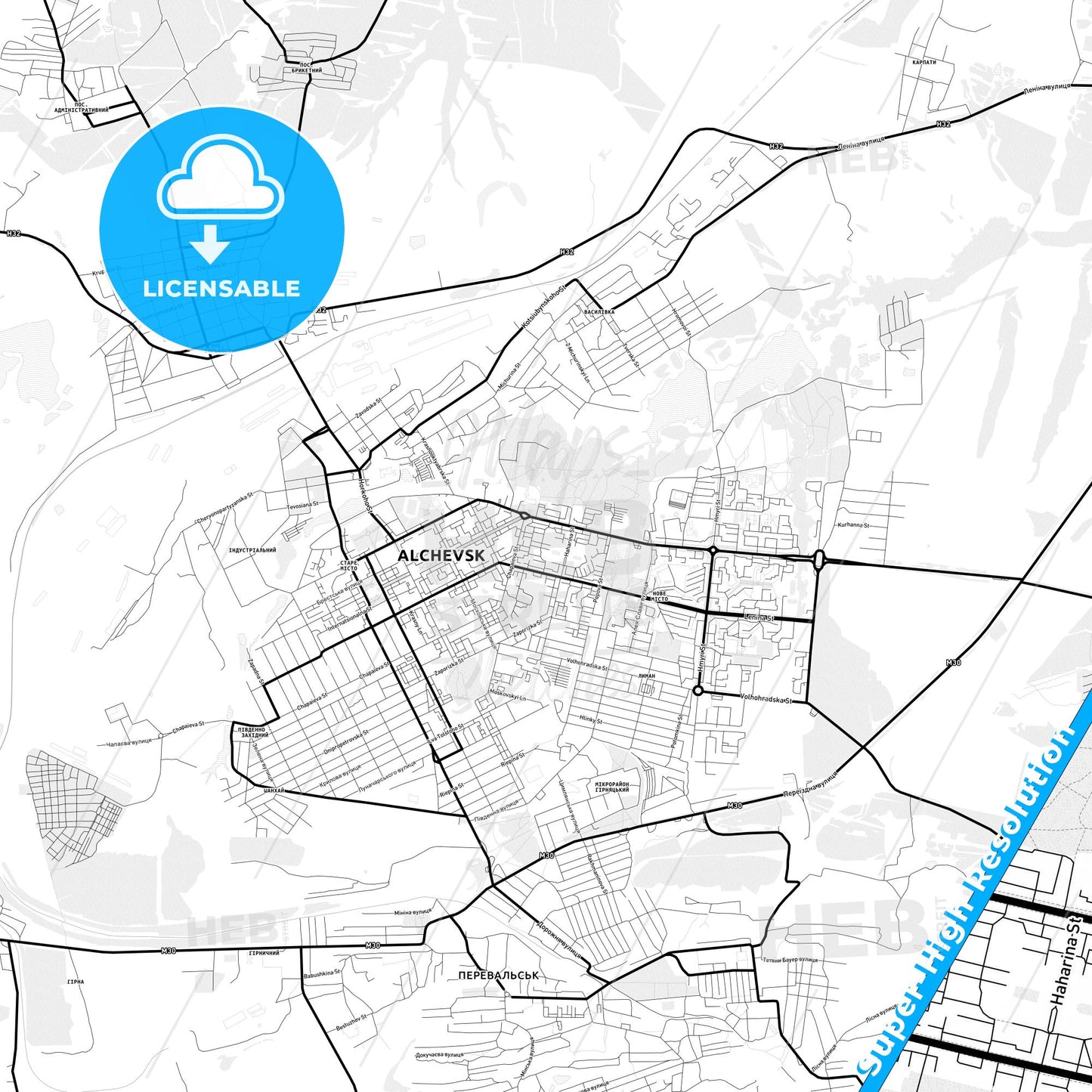 Alchevsk, Ukraine Light Map with Street Names, City Names, and Districts