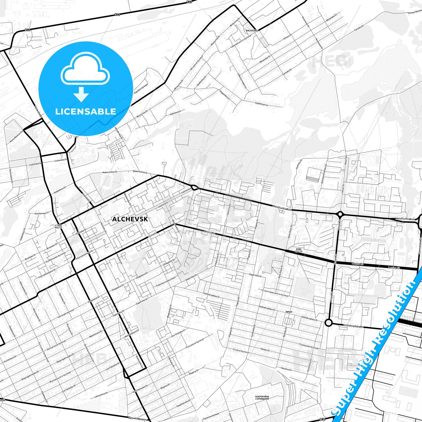 Alchevsk, Ukraine Light Map with Street Names, City Names, and Districts