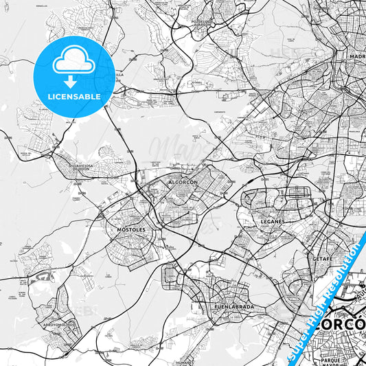 Alcorcón, Spain light map with streetnames, citynames and districts