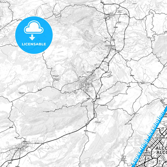 Alcoy, Spain light map with streetnames, citynames and districts