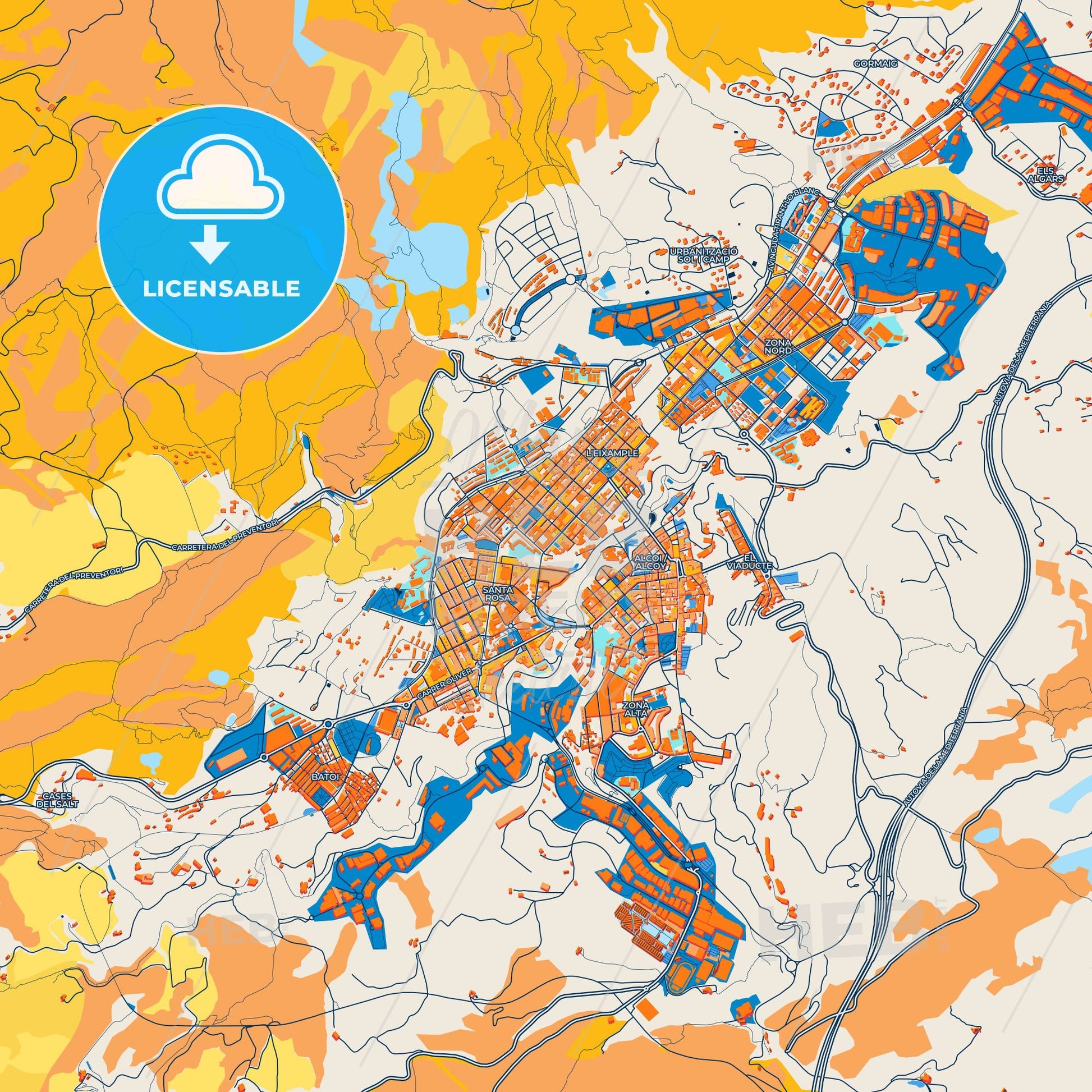 Colorful Alcoy Street Map with Labels and Buildings