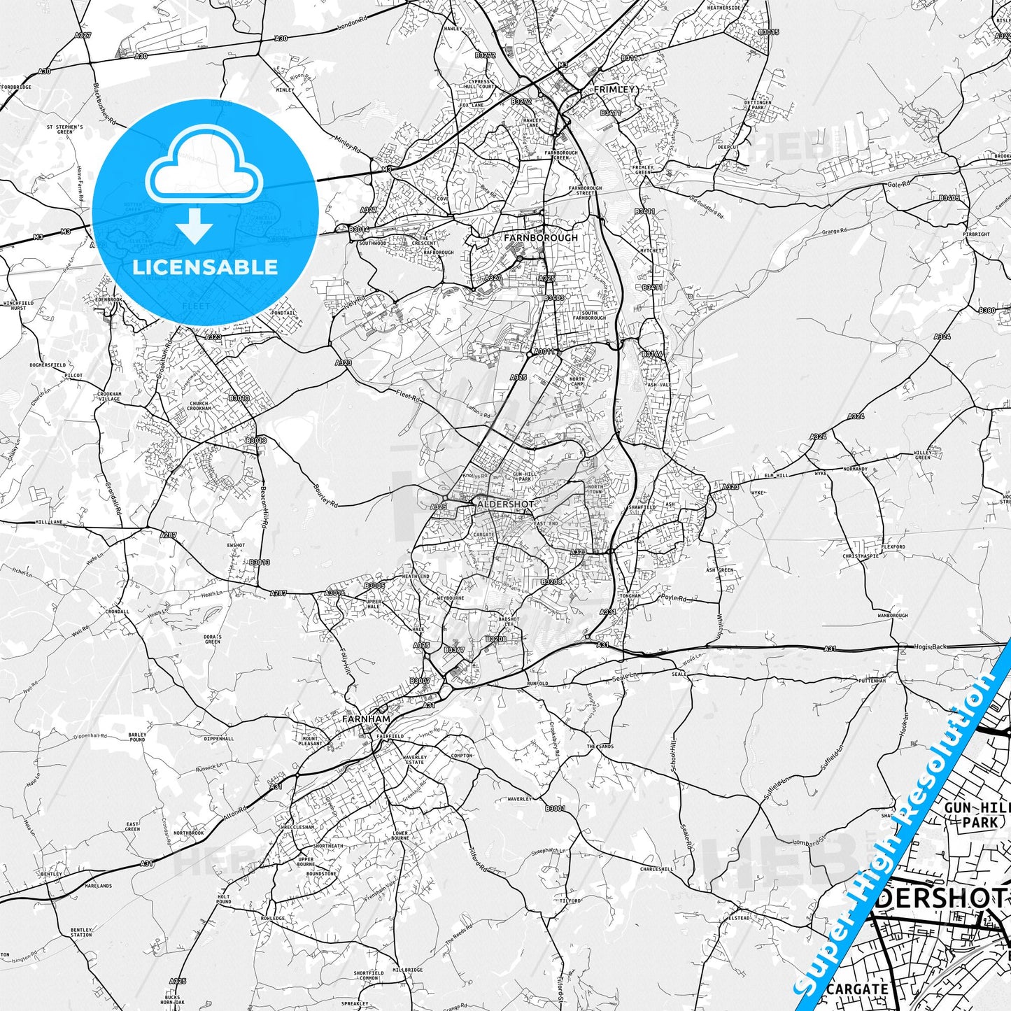 Aldershot, England light map with streetnames, citynames and districts