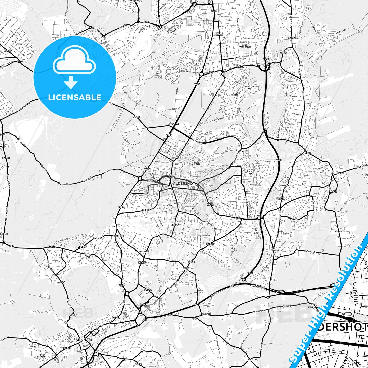 Aldershot, England Light Map with Street Names, City Names, and Districts