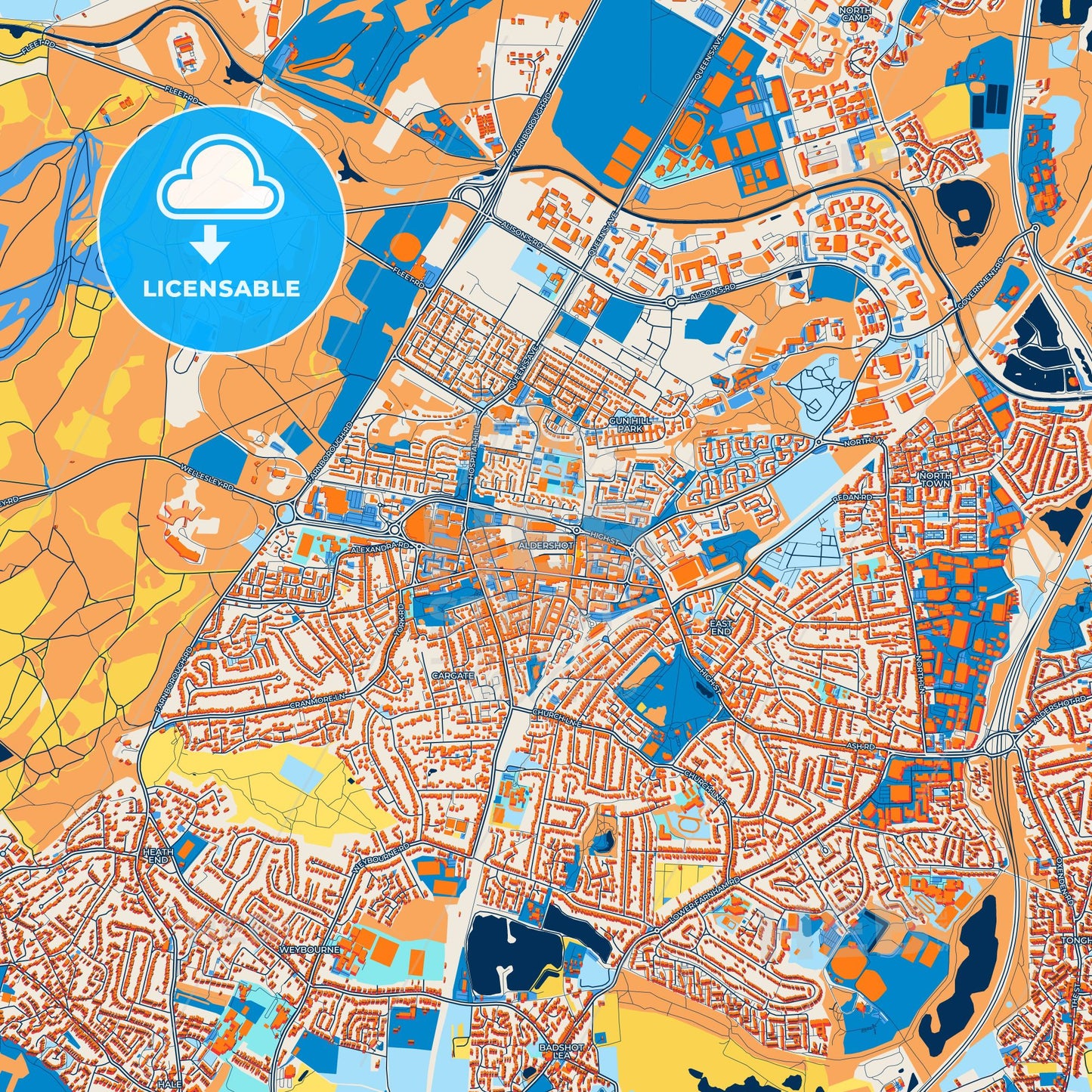 Colorful Aldershot Street Map with Labels and Buildings