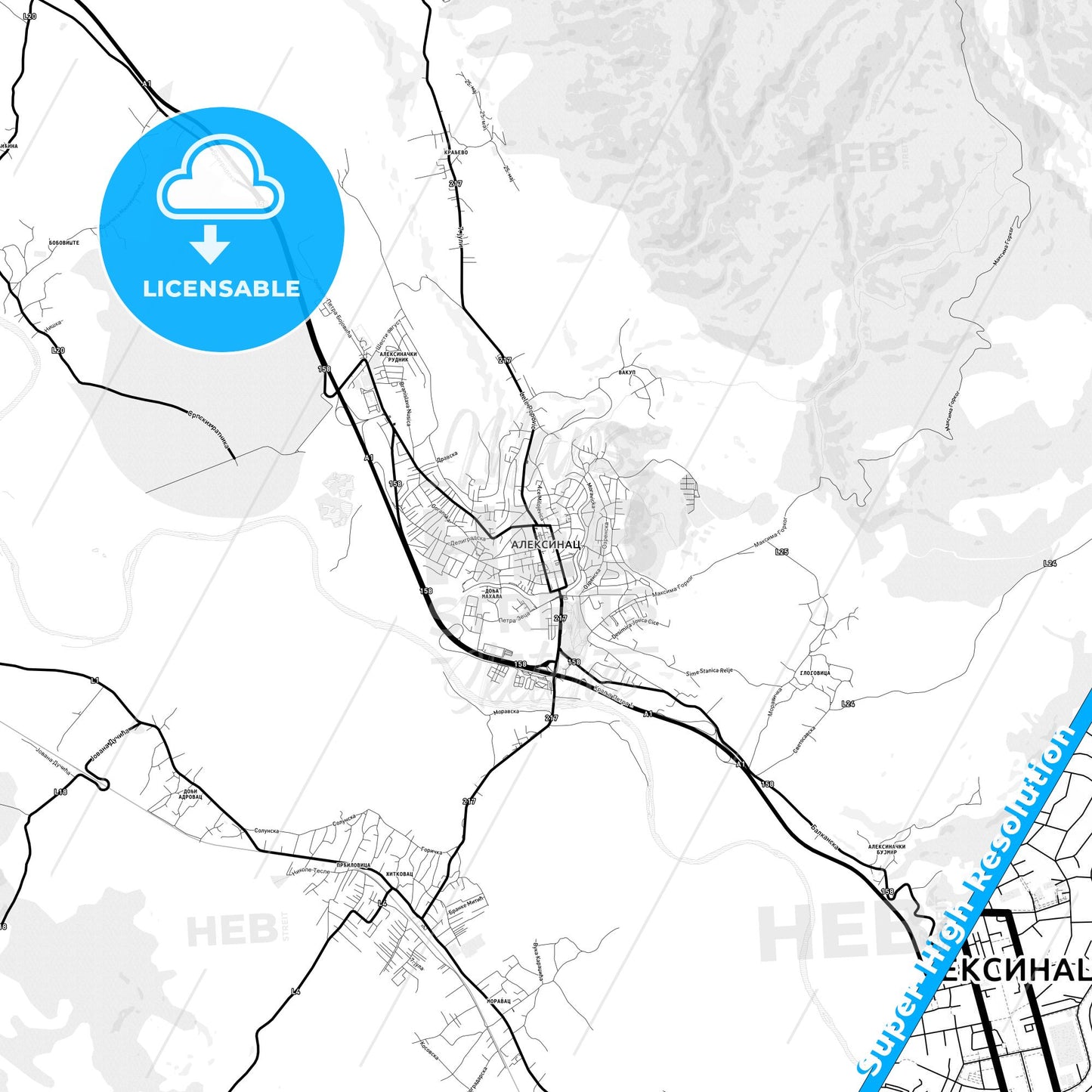 Aleksinac, Serbia Light Map with Street Names, City Names, and Districts